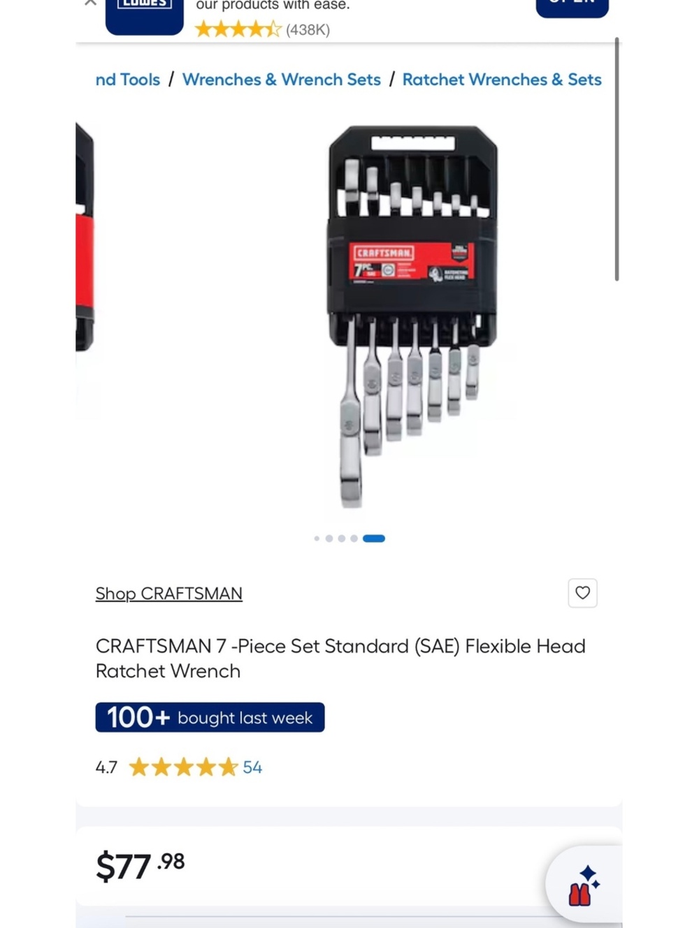 New CRAFTSMAN 7-Piece Standard SAE Flexible Head Ratchet Wrench Set